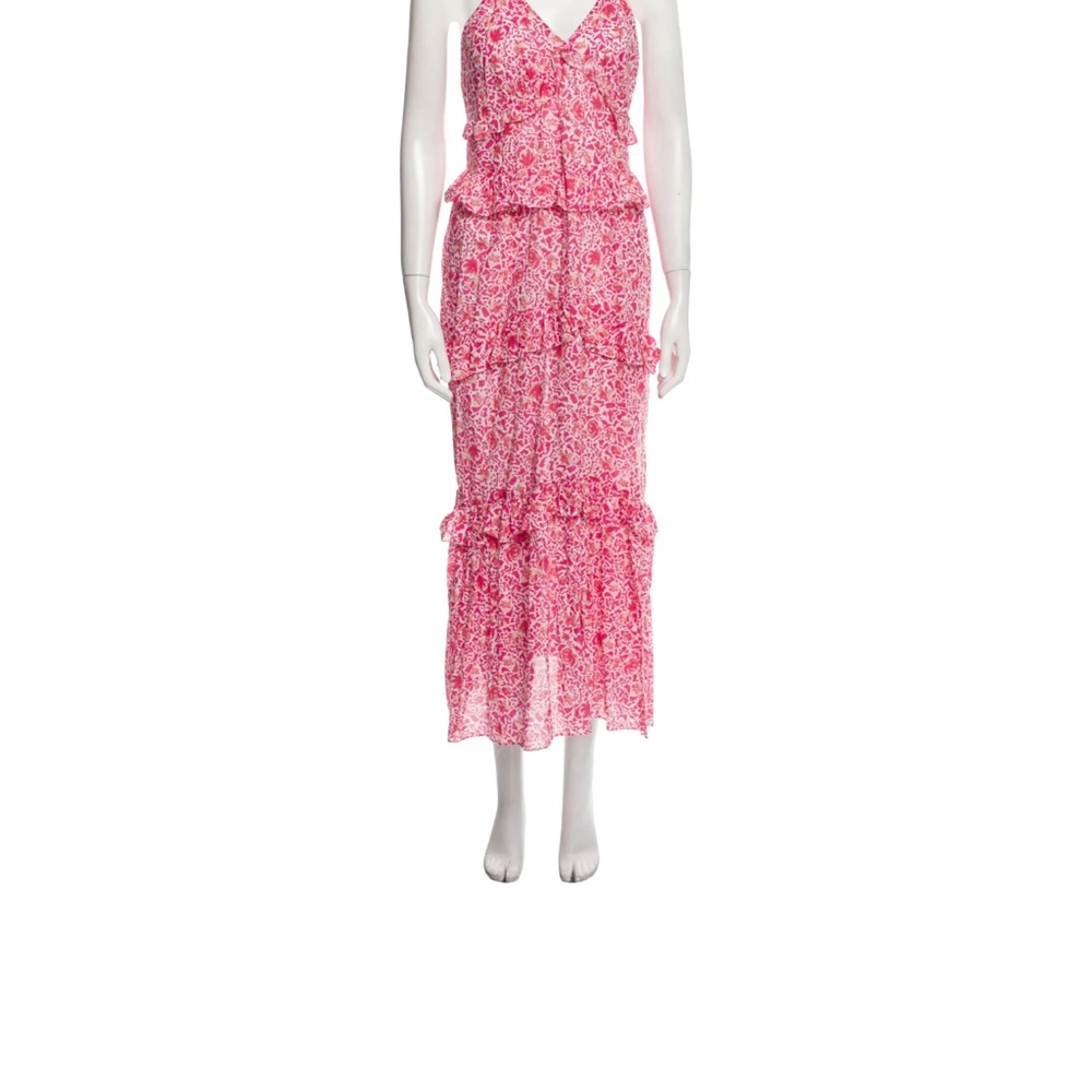 Misa Los Angeles Pink and White Tiered Maxi Dress V-Neck Sleeveless